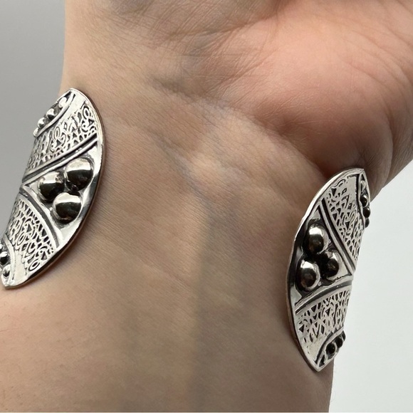 Boho Silver Tone Studded Ornate Cuff Bracelet with Faux Vibrant Orange Stone - Picture 5 of 7